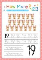 Numbers tracing template by counting Baby Animal Number 19 vector