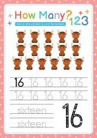 Numbers tracing template by counting Baby Animal Number 16 vector