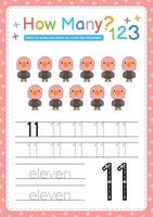 Numbers tracing template by counting Baby Animal Number 11 vector