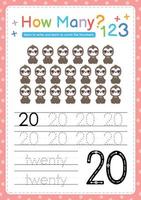 Numbers tracing template by counting Baby Animal Number 20 vector