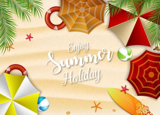 Enjoy summer holidays background. Top view of many umbrellas, surfboard, buoy, starfish, beach ball and palm trees