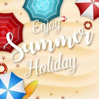 Enjoy summer holidays background. Top view of many umbrellas, surfboard, buoy, starfish, and beach ball vector