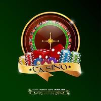 Casino roulette wheel with chips, red dice, isolated on green background vector