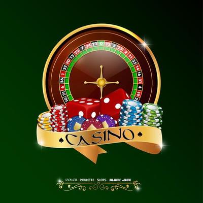 Casino roulette wheel with chips, red dice, isolated on green background