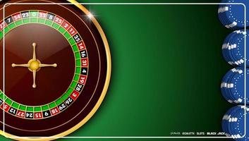 Casino roulette wheel with casino chips on green casino table vector