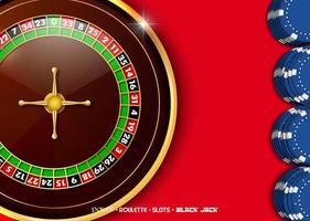 Casino roulette wheel with casino chips on red casino table vector