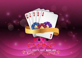 Poker casino gambling set with chips and royal flush ribbon on a purple light background vector