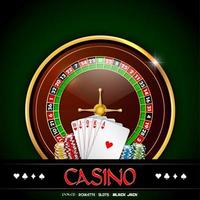 Casino banner with roulette wheel, chips and playing cards on green background vector