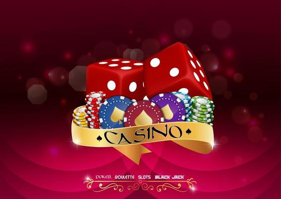 Casino colorful chips with red dice and golden ribbon on red background