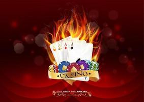 Casino poker banner with chips and poker cards burn in the fire on red background vector