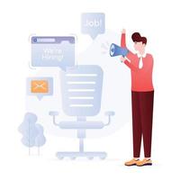 Person with chair and megaphone, showing the concept of job opportunity flat illustration vector