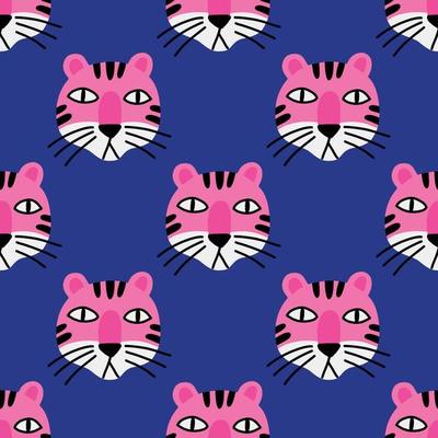 A stylized neon pattern in doodle style for clothing and gift wrapping. The pink cartoon muzzle of a funny tiger on blue background.