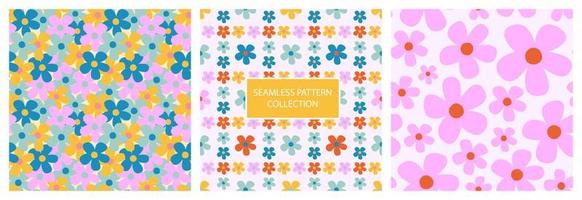 Set of abstract seamless patterns with groovy daisy flowers. Three colorful retro floral vector wallpaper for surface design. Decorative hippy vintage floral background.