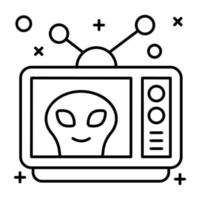Alien inside tv, linear icon of space telecast vector