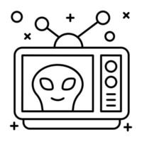 Alien inside tv, linear icon of space telecast vector