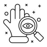 Hand with magnifier and hand, concept of palmistry linear icon vector