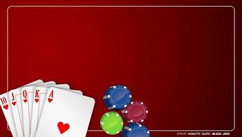 Poker cards with colorful chips on a red background