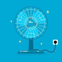 Blue electric table fan with power socket plug on white background flat vector icon design.