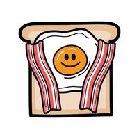 Bacon with fried egg smile on sliced bread breakfast hand drawing doodle cartoon character flat vector design.