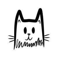 Cute face cat doodle black icon flat vector design.