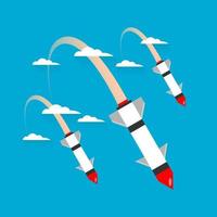 Missile rocket warhead launch frying in war with white clouds blue background flat vector design