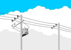 Cement high voltage electric pole power with transformer and drop fuse with white clouds on blue sky background flat vector design.