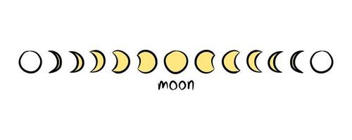 Yellow moon different phases of lunar phases kid hand drawing on white background doodle flat vector icon design.