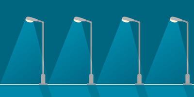 Streetlight lamp poles illumination in night time on dark blue background flat icon vector design.