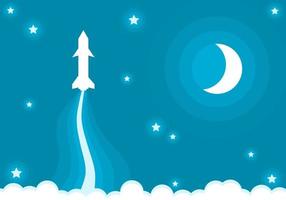 blanco cohete astronave lanzamiento viaje a espacio con creciente Luna estrellas y blanco nubes en azul cielo antecedentes plano vector dibujos animados diseño.