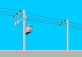 Cement high voltage electric pole power with transformer and drop fuse on blue sky background flat vector design.