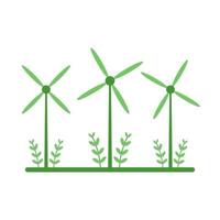 Green turbine wind windmill generate electricity clean power energy with green grass on white background flat vector icon design.