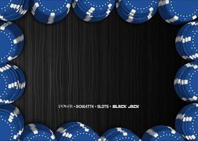 Casino chips on a black background. Top view of blue stacks casino chips vector