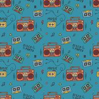 Retro music doodle pattern. 90s disco party seamless background. Trendy vintage pattern with boombox, audio tapes and walkman player vector