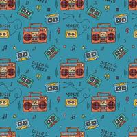 Retro music doodle pattern. 90s disco party seamless background. Trendy vintage pattern with boombox, audio tapes and walkman player vector