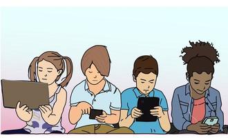 Cartoon boy and girl using smartphones for playing games or texting. Children and smartphone addiction. vector