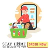 comida delivery.online compras.quédate a casa, nosotros entregar a usted.orden alimento, tienda de comestibles en línea desde aplicación por inteligente teléfono. rápido entrega. vector de comestibles, balde, inteligente teléfono.