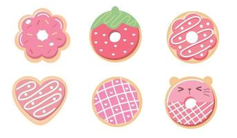 Pink Donut vector set isolated on white background. Top View Donuts collection into glaze with strawberry.flat design illustration. cute cartoon sweets and desserts. different shape of donut.
