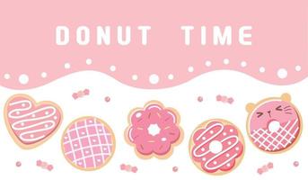 Pink Donut vector set isolated on white and pink background. Top View Donuts collection into glaze with strawberry.flat design illustration. cute cartoon sweets and desserts. different shape of donut.