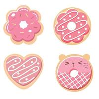 Pink Donut vector set isolated on white background. Top View Donuts collection into glaze with strawberry.flat design illustration. cute cartoon sweets and desserts. different shape of donut.