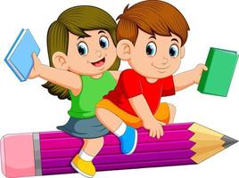 School kids riding a pencil vector