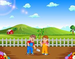 Boy and Girl planting tree in the park vector