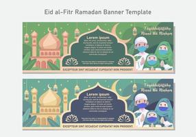 Eid Ramadan Banner Template. The concept of nature is combined with religious elements. Illustrations of Muslim families, mosques, and leaves that make it look very elegant. vector