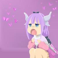 púrpura peludo linda pequeño hembra anime personaje. púrpura antecedentes decorado con volador mariposas vector