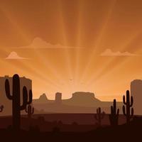 Desert landscape with cactuses on the sunset background vector