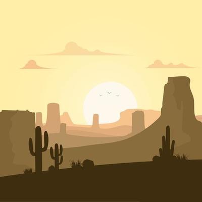 Desert landscape with cactuses on the sunset background