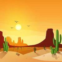 Desert landscape with cactuses on the sunset background vector