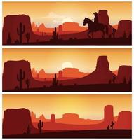 Cowboy riding horse against sunset background. Wild western silhouettes banners vector