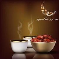 ramadhan kareem iftar fiesta celebracion con tradicional café taza y cuenco de fechas vector