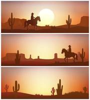 vaquero montando caballo en contra puesta de sol antecedentes. salvaje occidental siluetas pancartas