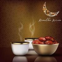 Ramadhan Kareem. Iftar party celebration with traditional coffee cup and bowl of dates vector